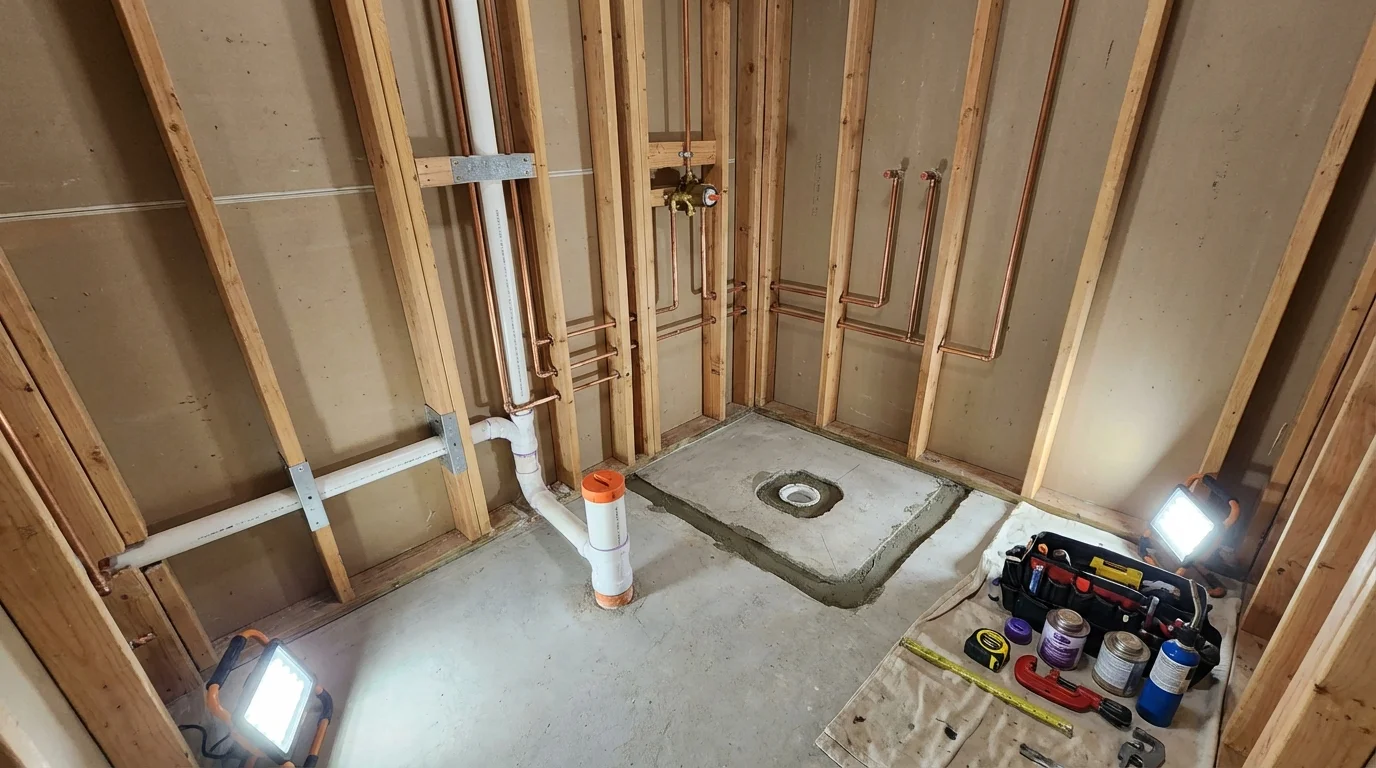 Bathroom rough-in plumbing during remodel by Johns Plumbing LLC in Stayton