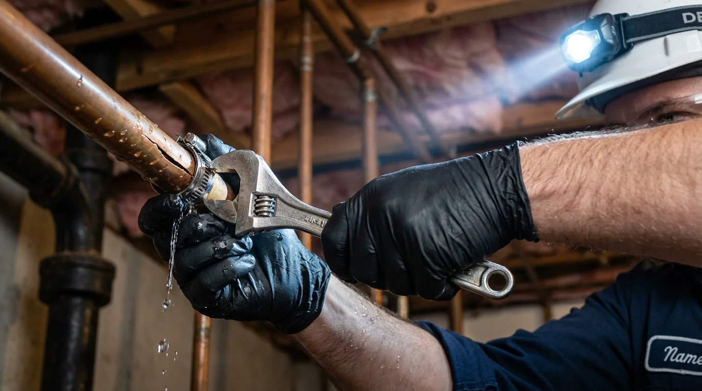 Emergency pipe clamp repair being performed by a Johns Plumbing LLC plumber in Stayton