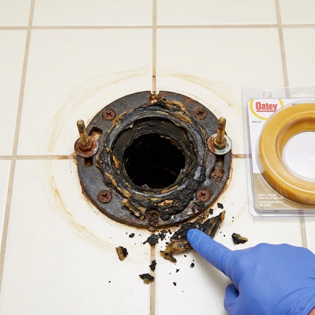 Failed wax ring showing water seepage at the base of a toilet in a Stayton, OR home