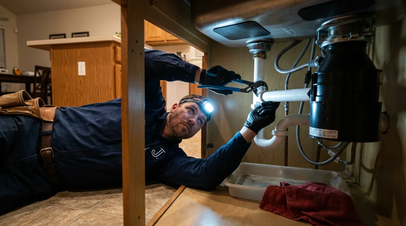 P-trap and supply line connections under a kitchen sink showing a common leak point in Stayton, OR